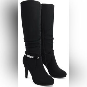 DREAM PAIRS Women's Knee High Platform Heel Boots, Black Suede, Size 10